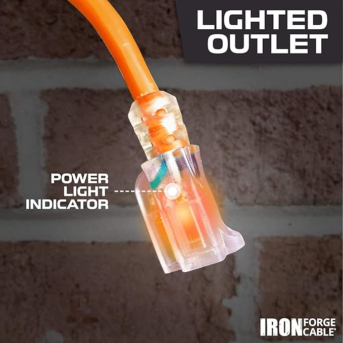 Iron Forge Cable Weatherproof 10 Ft Outdoor Extension Cord - 14/3 SJTW 15 Amp Heavy Duty Orange Extension Cord 3 Prong - Lighted End