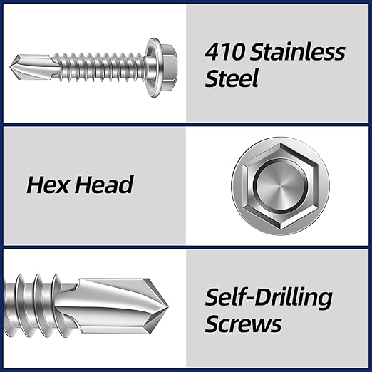 MewuDecor #14 x 3 (3/4" to 3" Available) Hex Washer Head Self Drilling Sheet Metal Screws with Drill Point, Stainless Steel 410, 25 PCS