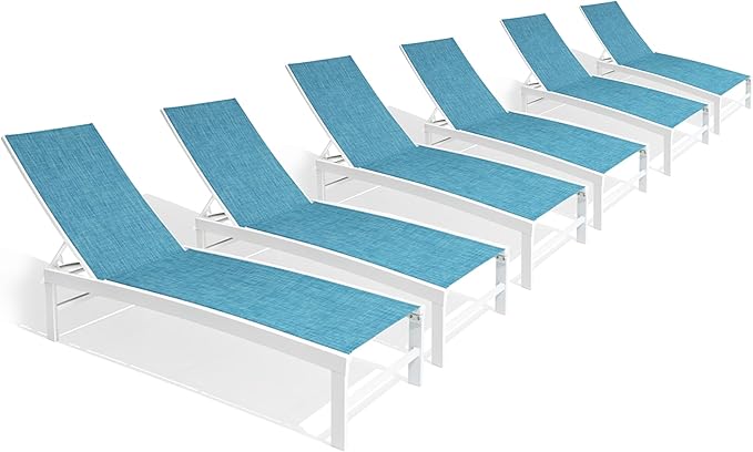 Chaise Lounge Chair, Set of 6 Outdoor Recliner Lounge Chair Sun Loungers, All Weather Chaise with 5 Adjustable Backrest and Lay Flat Positions for Garden, Balcony, Pool, Blue