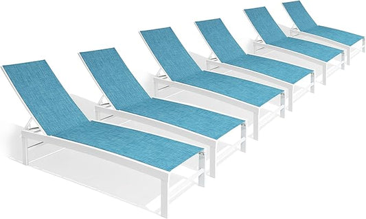 Chaise Lounge Chair, Set of 6 Outdoor Recliner Lounge Chair Sun Loungers, All Weather Chaise with 5 Adjustable Backrest and Lay Flat Positions for Garden, Balcony, Pool, Blue