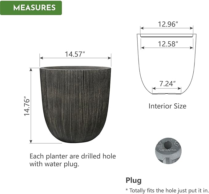 14.8" Tall Round Plastic Planter for Indoor Outdoor Plants, Large Indoor Outdoor Plant Pots with Drainage Hole and Plug, Flower Pots for Plants, Modern Planter for Home Garden Patio,Vintage Black