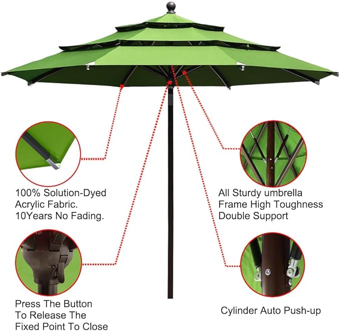 EliteShade USA 10-Year-Non-Fading 11Ft 3 Tiers Market Umbrella Patio Outdoor Cylinder Auto Push-up Table Umbrella with Ventilation,Macaw Green