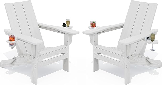 SERWALL Modern Folding Adirondack Chair Set of 2, Weather Resistant HDPE Outdoor Adirondack Chair with Cup Holders, Fire Pit Chairs for Patio Lawn Garden, White
