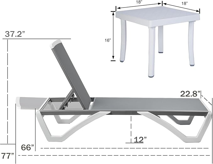Kozyard Patio Chaise Lounge Chair - Full Flat Alumium & Resin Legs, Outdoor Reclining Adjustable Chair for Sunbathing, Beach, Patio, Lounge Set or Patio Table (2 Gray Textilence W/Table)