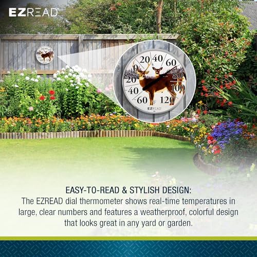 EZREAD Hanging Dial Thermometer 840-1226 Weather Thermometers for Indoor and Outdoor Use, Large 12.5 Inch Diameter, Easy to Read Numbers, Deer