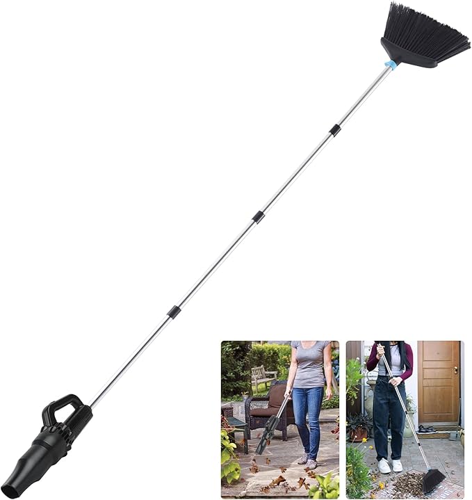 Outdoor Broom with Leaf Blower, Small Cordless Leaf Blower with Long Handle Broom, Lightweight Rechargeable Air Duster Broom Blower for Lawn Yard Patio Garden Balcony Car RV(Charger Included)