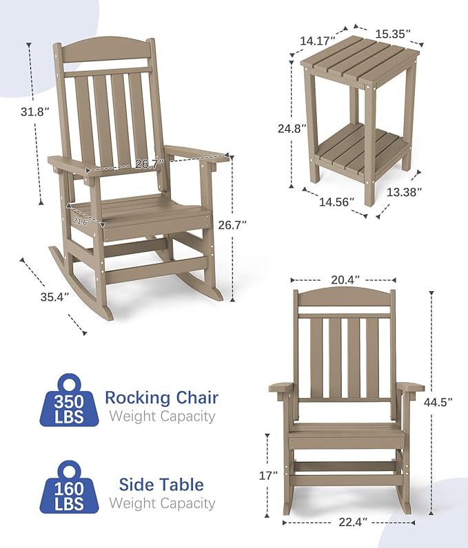FOOWIN 3-Piece Outdoor Rocking Chairs Set, High Back Patio Rocker with Side Table, HDPE All Weather Resistant Oversized Rocking Chairs for Indoors, Porch, Patio, Backyard, Brown