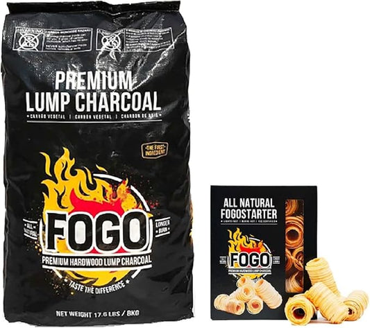 FOGO Premium Hardwood Lump Charcoal, Natural Medium and Small Sized Lump Charcoal 17.6 Pound Bag and FOGO Fogostarters Natural Fire Starters, 30 Count Box, Bundle