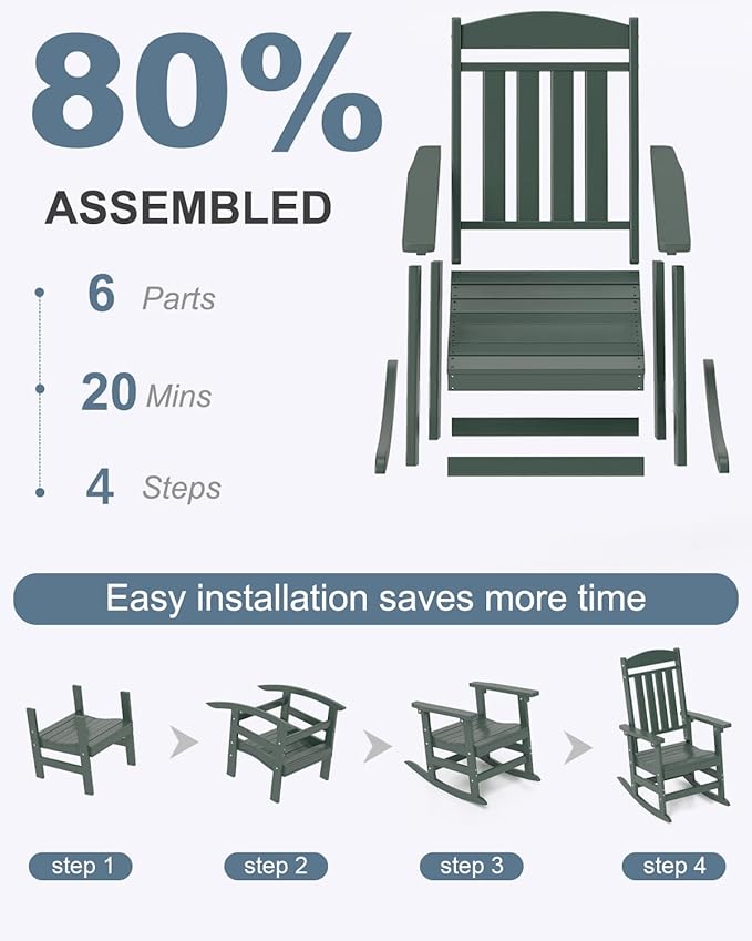 Outdoor Rocking Chairs, Oversized High Back Patio Rocking Chairs, All Weather Porch Rocking Chairs for Outside. Dark Green