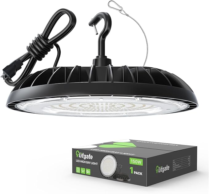 Glitgate LED High Bay Light 150W, 21000lm 5000K UFO Led High Bay Light(600W MH/HPS Equiv.), Commercial Bay Lighting with 5ft Cable US Plug for Garage Shop Barn Warehouse