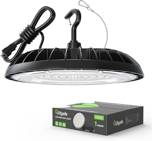 Glitgate LED High Bay Light 150W, 21000lm 5000K UFO Led High Bay Light(600W MH/HPS Equiv.), Commercial Bay Lighting with 5ft Cable US Plug for Garage Shop Barn Warehouse