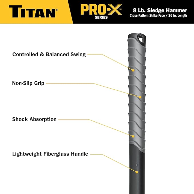 Titan Pro-X 63018 8lb Sledge Hammer, Dual-Face Sledge with Cross-Pattern Face for Concentrated Power & Flat Face for Stake Driving, Overstrike Protection, 36" Fiberglass Handle with Textured Grip