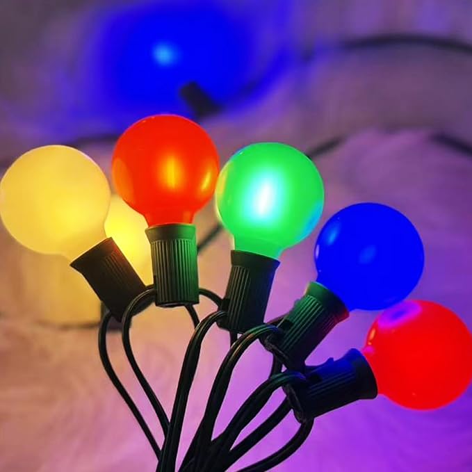 25Ft LED Christmas Outdoor String Lights, G40 Globe Edison Lights with 27 0.6W Baked Multicolor Bulbs, Vintage Ceramic Lights for Holiday Party Backyard Wedding Garden Patio Porch Decor, Green Wire
