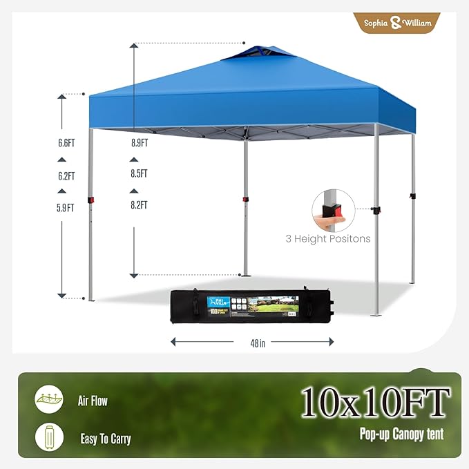 Sophia & William Canopy Tent Pop Up 10x10 ft, Outdoor Patio Portable Commercial Canopies Shelter Heavy Duty Straight Legs with Roller Bag, 8 Stakes, 4 Guy Ropes, UPF50+, Blue