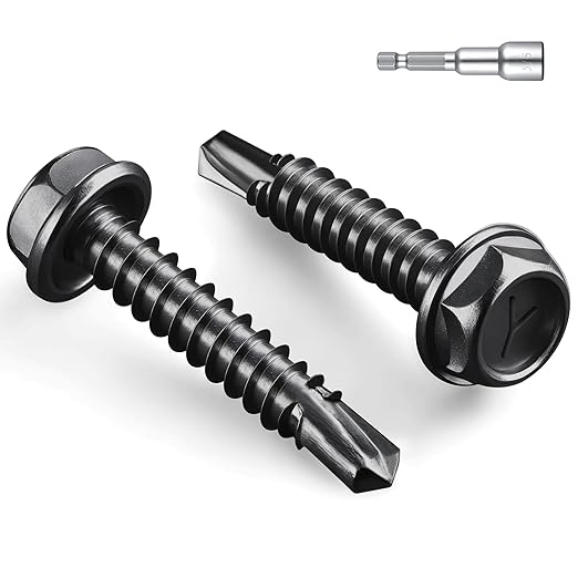 #14 x 1 Inch Self Drilling Screws, (62pcs) 1 lbs Black Self Tapping Screws for Metal, 410 Stainless Steel Hex Washer Head Sheet Metal Screw