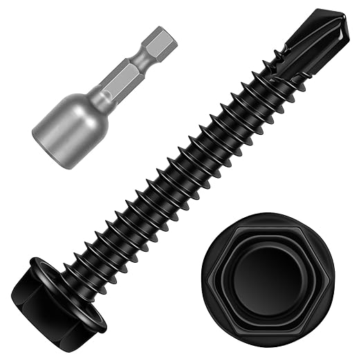 #12 x 2-1/2" Hex Washer Head Self Tapping Screws, TEK Screws, Self Drilling, Stainless Steel 410 Sheet Metal Screws, Black Finish, 25 PCS