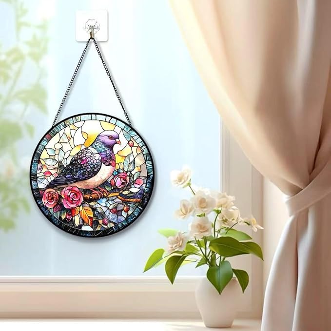 Stained Glass Window Hanging - Purple Bird and Pink Flowers Suncatcher fof Garden Home Decor for Women Mon Grandma Friends