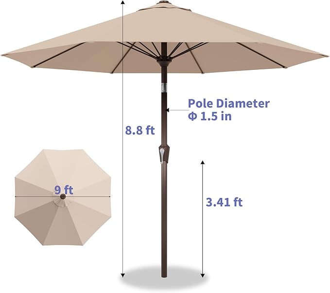 Kingdura 9FT Outdoor Patio Umbrella, Market Table Umbrella with Push Button Tilt and Crank, 8 Sturdy Fiberglass Ribs, UV Protection for Pool, Lawn, Deck, Backyard, Garden (Beige)