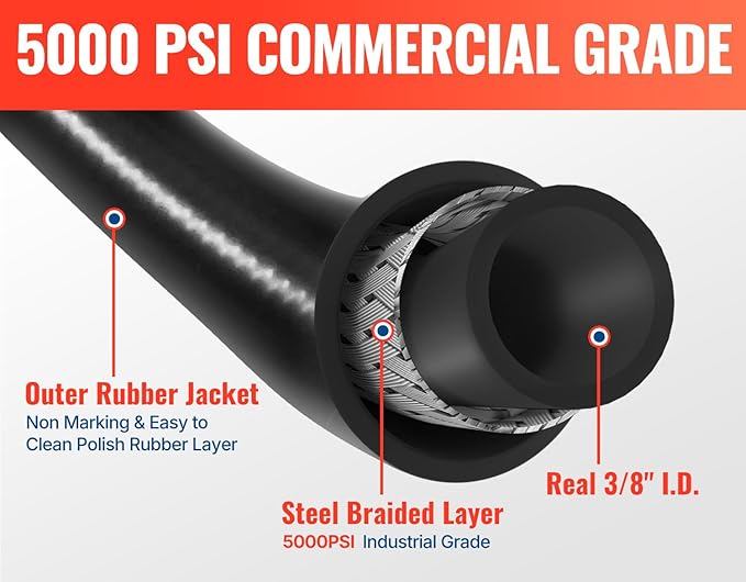 YAMATIC 5000PSI 3/8" Pressure Washer Hose 25FT with Stainless Steel Quick Connector, Rubber Power Washer Replacement Hose, Steel Wire Braided, Compatible with Simpson, Craftsman, Champion