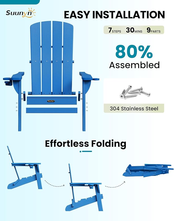 Folding Adirondack Chair 2 Pack, HDPE All-Weather Fire Pit Chairs, Plastic Adirondack Chairs with 2 Cup Holder, Outdoor Lawn Chair for Patio Garden (Royal Blue)