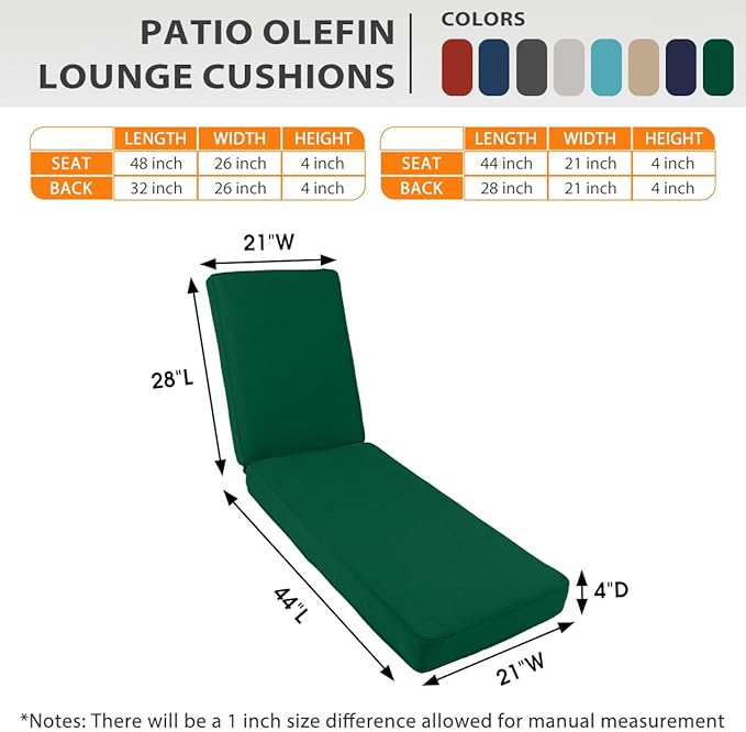 Sundale Outdoor Olefin Chaise Lounge Cushion Set of 2, Water-Resistant Patio Lounge Chair Cushion, Thick Lounger Pad with 4 Straps Dark Green, 72 x 21 x 4 Inches
