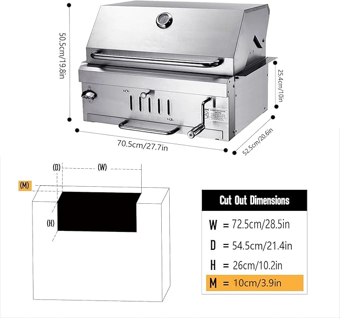 28In Built in BBQ Grills, Large Outside Charcoal Grill with BBQ Fork Kit Liftable Tray & Thermometer, Silver Stainless Steel Barbecue Grill for Outdoor Kitchen Cooking Patio Camping Park Style