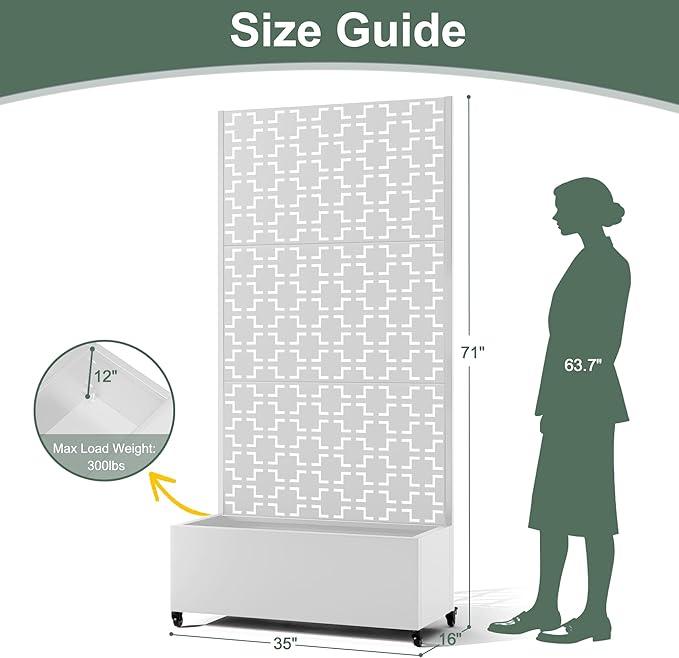 Raised Garden Beds Outdoor with Privacy Screen, Metal Standing Planter Box with Trellis & Wheels, Garden Boxes with Drainage Holes for Climbing Plants, Flowers, Vines (35"L×16"W×71"H, White Square)