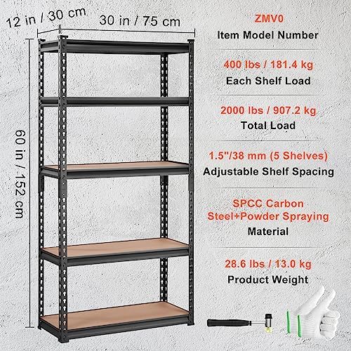 VEVOR Storage Shelves 5-Tier Adjustable 2000 lbs 30"x12"x60" Shelving Unit