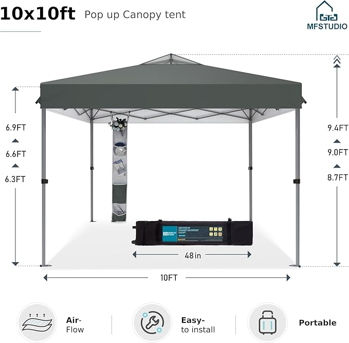 MFSTUDIO Pop Up Canopy Tent, 10x10 Outdoor Canopies Instant Portable Shelter Tens with Vented Top, Storage, 4 Sandbags, Beach Canopy