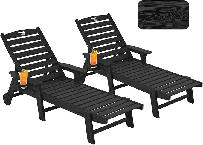 Chaise Lounge Chair Outdoor with Wheels, Oversize Patio Lounge Chairs with Wood Texture, 5-Position Plastic Lounge Chairs Set of 2-Black(Separate Delivery)
