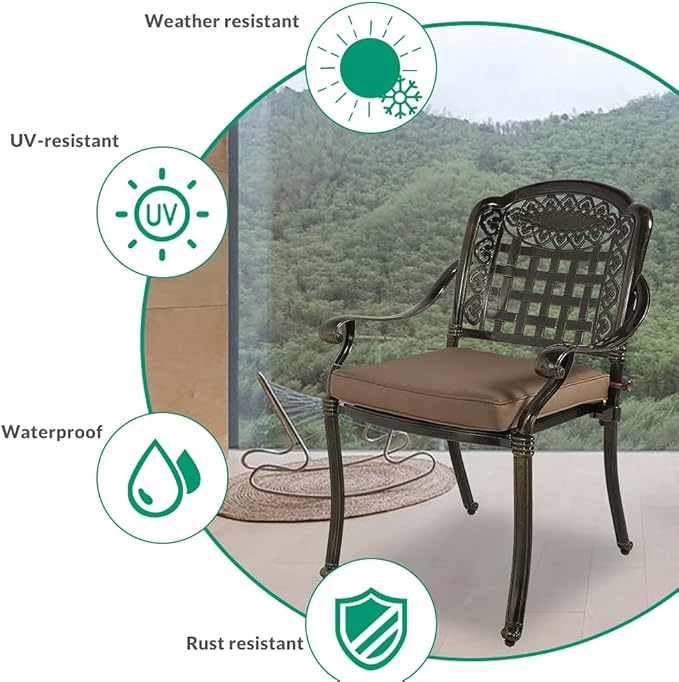 VIVIJASON 3-Piece Outdoor Patio Bistro Set, All-Weather Cast Aluminum Furniture Dining Sets Include 2 Cushioned Chairs and 31" Round Table w/Umbrella Hole for Balcony, Lawn, Garden, Backyard