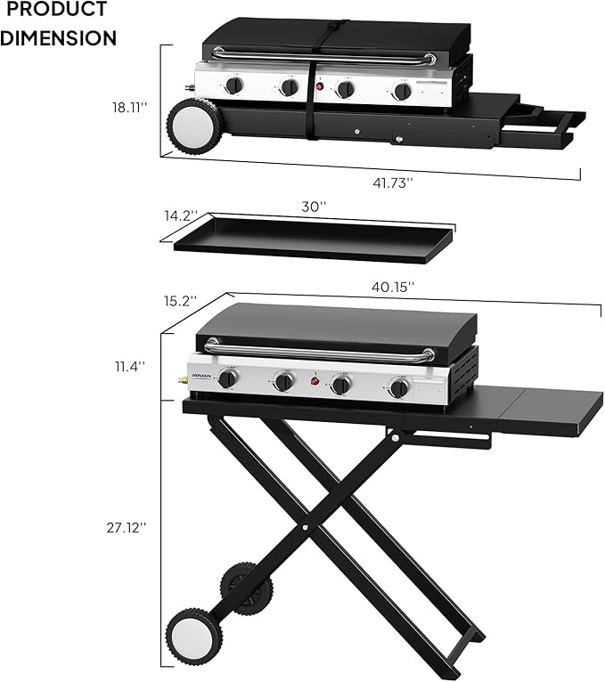Bonnlo Foldable Flat Top Grill with 4 Burner & Lid, Powerful 40,000 BTU Propane Gas Grills with Ignition, Enamel Griddle, Side Shelf & Portable Cart with Wheels for Outdoor Camping Hibachi Grill Use