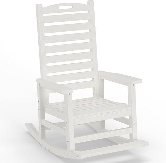 Outdoor Rocking Chair with Removable Footboard for Adults, HDPE High Back Patio Rocking Chairs, 330lbs All Weather Porch Rocking Chairs for Outdoor & Indoor -White