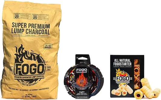 FOGO Super Premium Hardwood Lump Charcoal 17.6 Pound Bag, Fogostarters Natural Fire Starters and Blazaball Bundle