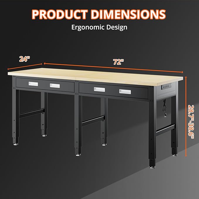 72" Heavy Duty Workbench with Power Outlets, Pegboard & Storage Drawers, 2000 LBS Capacity Rolling Work Table with Wheels, Hooks & Rack for Garage, Workshop, Office, Home