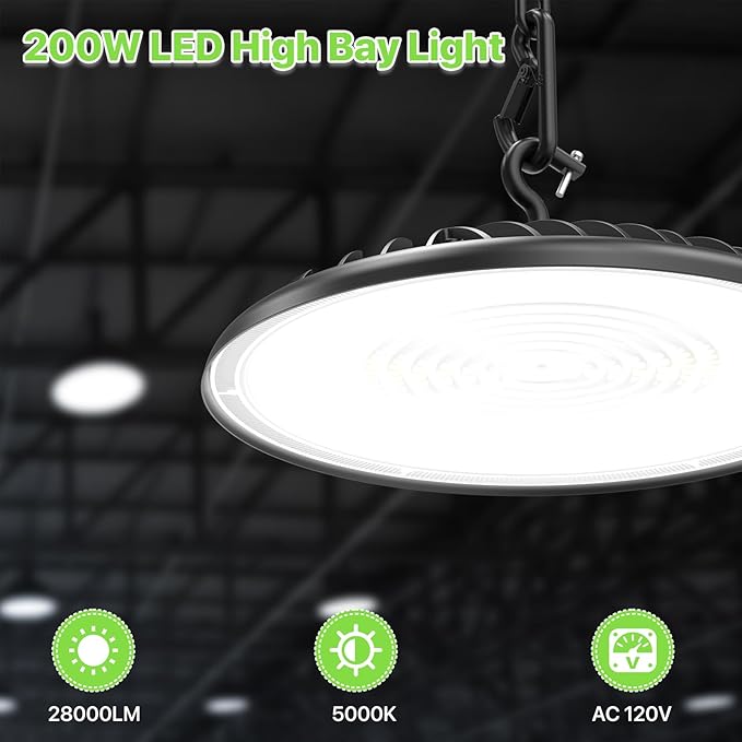 Glitgate High Bay LED Shop Lights 200W - 28000LM 5000K IP65 Waterproof High Bay Lights with US Plug, Hanging Hook, 4 Pack Commercial Bay Lighting for Barn, Warehouse ETL Listed