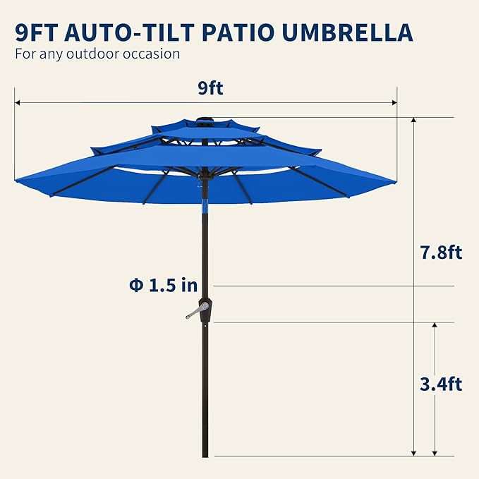 9FT 3 Tiers Patio Umbrella With Auto Tilt and Crank, Outdoor Table Market Umbrella with 8 Sturdy Ribs for Garden,Lawn,Deck,Backyard and Pool,Royal Blue