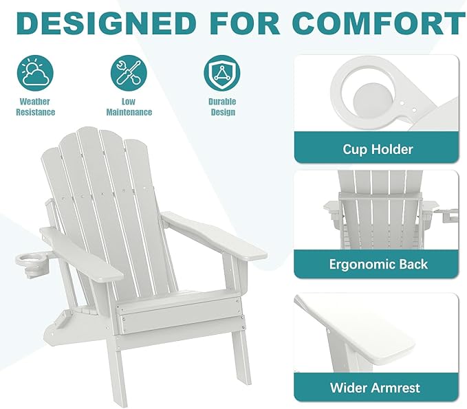 FOOWIN Adirondack Chair Set of 6, Folding Adirondack Chair with Cup Holder, HDPE All-Weather Fire Pit Chair for Patio, Garden, Backyard, Poolside, White