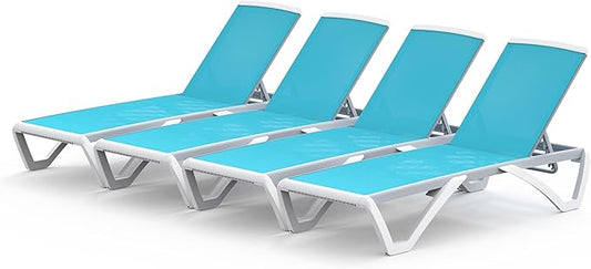 Domi Set of 4 Pool Lounge Chairs Aluminum Adjustable Outdoor Chaise Lounge,All Weather Plastic Poolside Lounge Chairs for Deck Lawn Backyard, Aqua Textilene
