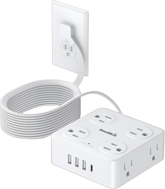 10Ft Power Strip with Surge Protector, 8 Outlets 4 USB Ports Extension Cord, Flat Plug Charging Station for Home Office Desk & College Dorm Essentials, White