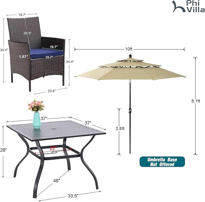PHI VILLA 5 Piece Patio Dining Set with 10ft Umbrella, 37" Square Metal Dining Table & 4 Cushioned Rattan Chairs with Beige Umbrella for Outdoor, Deck, Yard, Porch