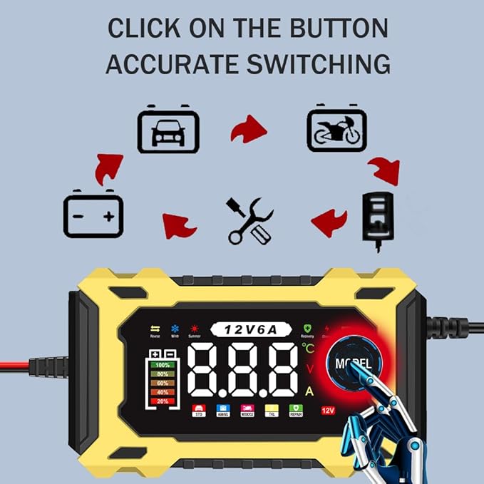 12V 6A Smart Battery Charger - Automotive Car/Motorcycle 12V Lead-Acid Battery Charger with LCD, Pulse Repair & Overcharge Protection