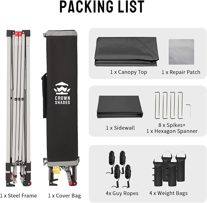 CROWN SHADES 12x12 Pop Up Canopy Tent Instant Commercial with 150D Silver Coated Fabric Including 1 Removable Sidewall, 4 Ropes, 8 Stakes, Weight Bags, STO 'N Go Bag, Grid Grey