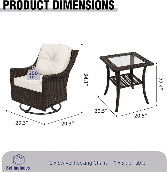 COOS BAY Stone Harbor Patio Bistro Set, 3 Piece Rattan Patio Table and Chairs Set, Wicker Swivel Rockers with Side Table, Small Balcony Furniture Set, Brown/Beige
