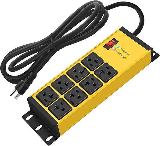 CCCEI Magnetic Heavy Duty Power Strip Surge Protector 20Amp, 12 Gauge High Amp Extension Outlets, Garage Wall Mount 8 Plug Metal Power Strip. 15FT, Yellow, 5-15P Adapter 6-20R T-Slot 20a for Appliance