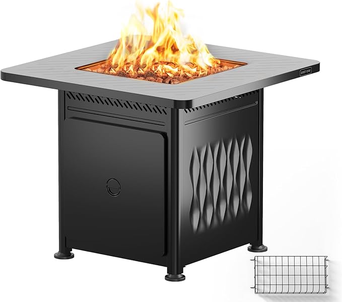 EAST OAK 28" Upgraded Outdoor Fire Pit Table | 52,000 BTU Fire Pit Table for Outside with Magnetic Lid | Storage Basket & Lava Rocks | CSA Certified for Patio, Garden & Backyard | Black