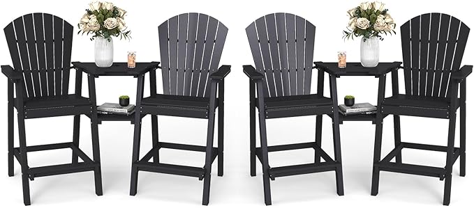 FOOWIN Tall Adirondack Chair Set of 4, All Weather HDPE Bar Height Adirondack Chair with Double Connecting Trays, Adirondack Barstools for Balcony, Deck, Backyard, Patio, Garden Black