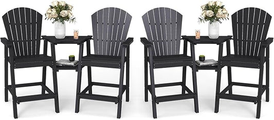 FOOWIN Tall Adirondack Chair Set of 4, All Weather HDPE Bar Height Adirondack Chair with Double Connecting Trays, Adirondack Barstools for Balcony, Deck, Backyard, Patio, Garden Black