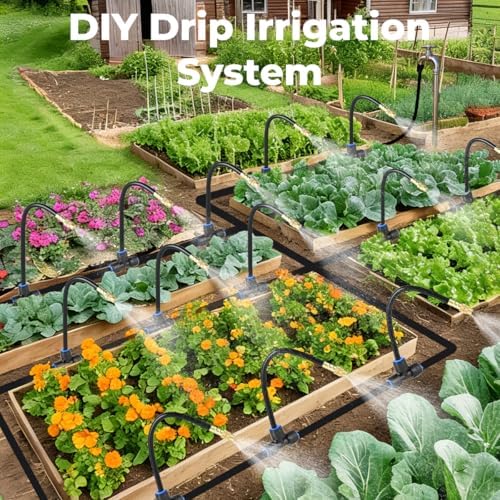 130FT Drip Irrigation System for Garden: 20 Nozzles 1/4" PE Tubing Automatic Watering Kit Adjustable Misting Sprinkler Mister Hose for Water Plants Tape Raised Beds Lawn Outdoor Yard Greenhouse 130FT