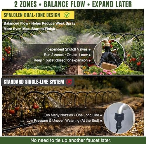66FT Drip Irrigation System Kit Dual-Zone Garden Atomizing Watering System with 20 Copper 360° Adjustable Bendable Nozzles, Y-Splitter, Leak-Proof 1/4" Misting System for Garden Greenhouse Raised Beds